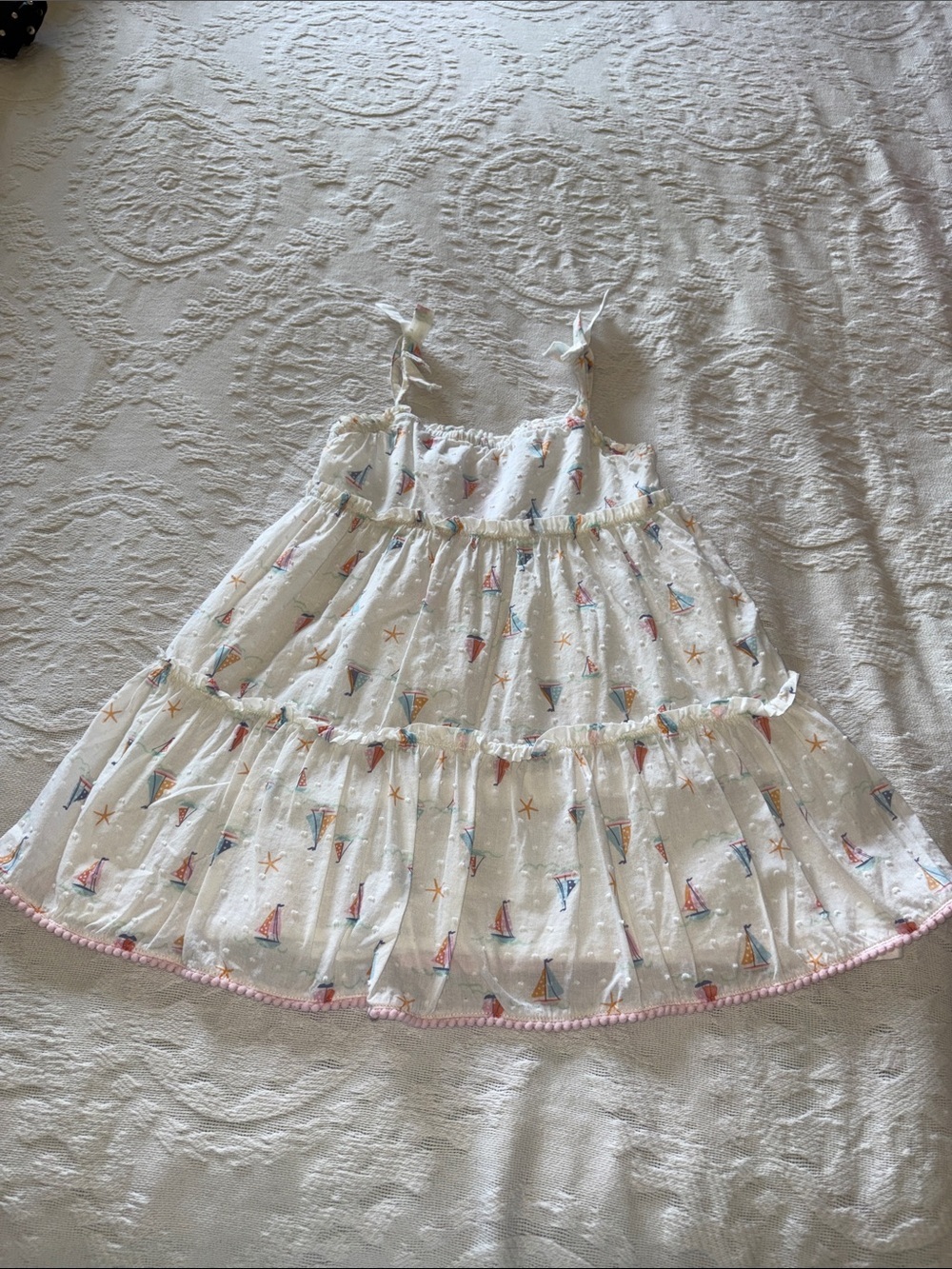 Tommy Bahama White Tiered Sundress with Colorful Sailboat Print EUC